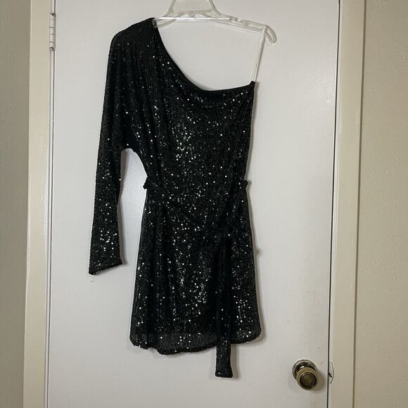 Lulu's Rare Gem Emerald Green Sequin One-Shoulder Mini Bodycon Dress Medium - Picture 3 of 8